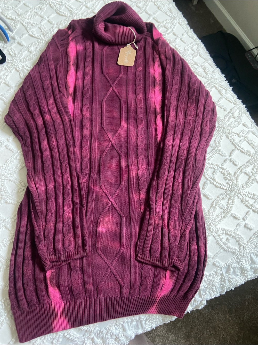 Cable Knit Turtleneck Sweater - Burgundy with Pink Accents